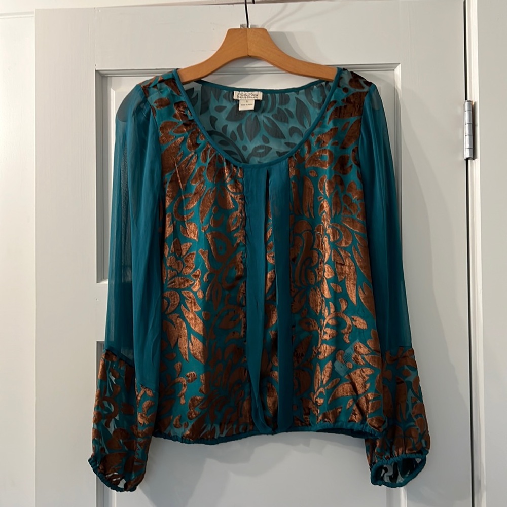 Lucky Brand Teal blue, Brown velvet burnt out blouse.